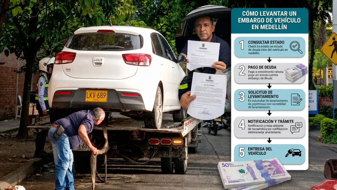 Vehículo inmovilizado en una grúa junto a una guía para levantar un embargo en Medellín